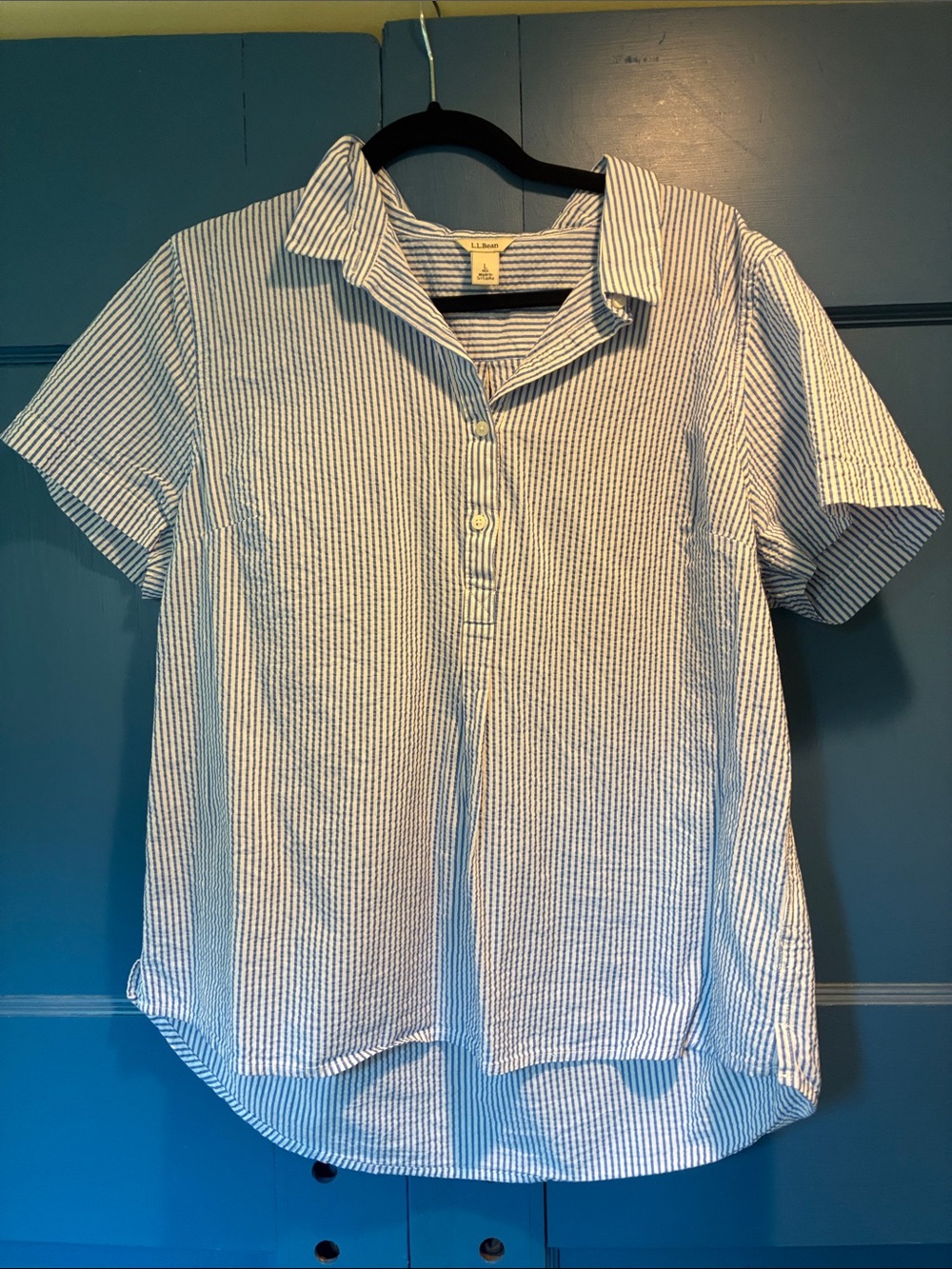 L.L. Bean Blue and White Striped Short-Sleeve Button Down Henley Shirt